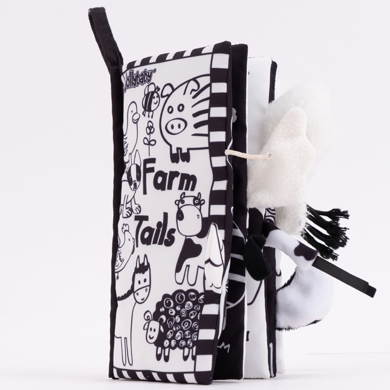 Jolly Baby Książeczka z ogonkami Black and white farm animal tail cloth book EN