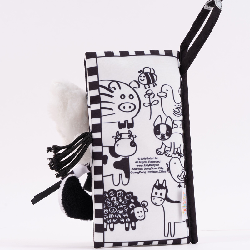 Jolly Baby Książeczka z ogonkami Black and white farm animal tail cloth book EN